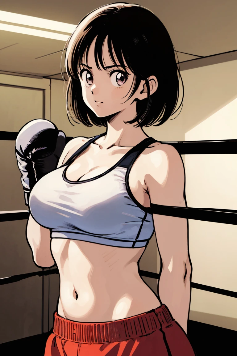 (((Full Body Shot、Female professional boxer、In the ring、         Boxing Gloves         、Slender body、 short hair、Big Breasts、Sports Bra)))、((Pencil drawing))、((Manga))、(masterpiece、top-quality)、Best Quality, masterpiece, 超A high res, (Realistic:1.4), ((masterpiece:1.4, Best Quality)), ((masterpiece, Best Quality)), (Manga style:1.4)、 (超A high res:1.2),  high res、flawless、masterpiece, Best Quality,              Soft Dim Lighting             , addition_detailed, Good lighting、A highly detaileded、((beautifull detaileded face))、( ((ultra-detailedliert )))、ns   、Side light、((Raising awareness 、 best to     write a professional photo on a boxing ring ))、Highly detaileded eyes、             perfect lighting 、(extremelydetailededCG:1.2)、(((masterpiece))), (1 personの少女)、(1 person)、             solo focus           、    、 beautiful girl with beautiful detaileds, Very cute, beautiful girl with beautiful detaileds,                write a professional photo on a boxing ring     , extremely detaileded eye and face, （ 人物の接写 ）、(Manga style:1.1)、Plain Bottom、(masterpiece、Best Quality:1.2)、((             facing front          :1.2))、With bangs、Young woman 、((              upper body  :1.2))、 short hair、    、 Outside、             Boxing Gloves             、Full Body Shot