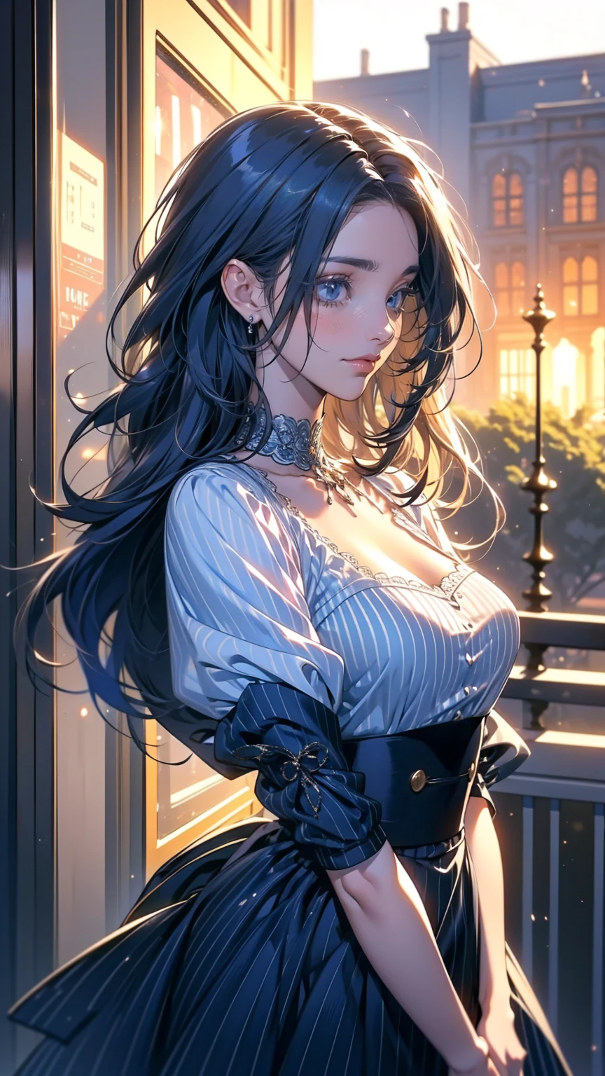 ((Striped Hair, Messy Hair, Big Hair)), ((Expressive hair)), Without hair band, Cinema Lighting, Bust Chart, First Person View, Ultra-high resolution, (((masterpiece,  textured skin))), (Super detailed), detailed , High image quality , ((Best Quality)), 16k, Gothic Costume, Upturned eyes, cute girl, Ruffle dress, On the open terrace of a cafe, Les Deux Magots
