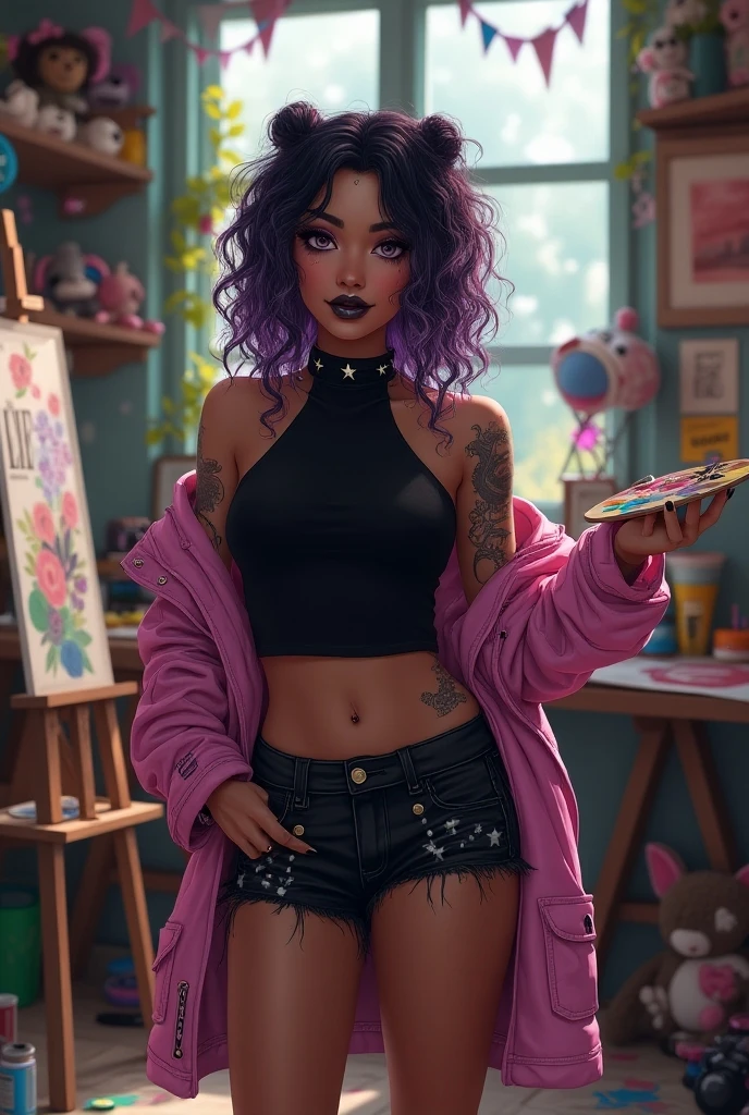4k, digital painting, Comic Babes, there is a woman in a pink blouse and leopard print shorts, Woman from Cuba, Violeta Myers, the extremely hot and sexy, sexy girl, Colombian, ayahausca, she is around 20 years old, angelawhite , sexy look,