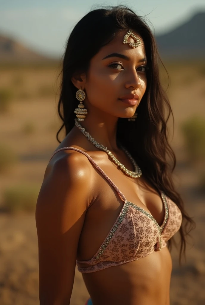 Color Photography with intricate details of a VERY BEAUTIFUL Oriental (1girl), large breasts, bathing suit top,  short blue jeans, TIGHT, Beach scene, hyper-realistic, lens flare, adorned with exotic Oriental JADE jewelry, Masterpiece, Bright, Beautiful Perfect face, soft perfect skin, hour glass figure, Full body view, Wide-Angle, Best Quality, ultra-detailed, ultra realistic, Bright, highly polished, very long wild hair, maxrgb, diamondeffect, mirroring, unreal engine, 