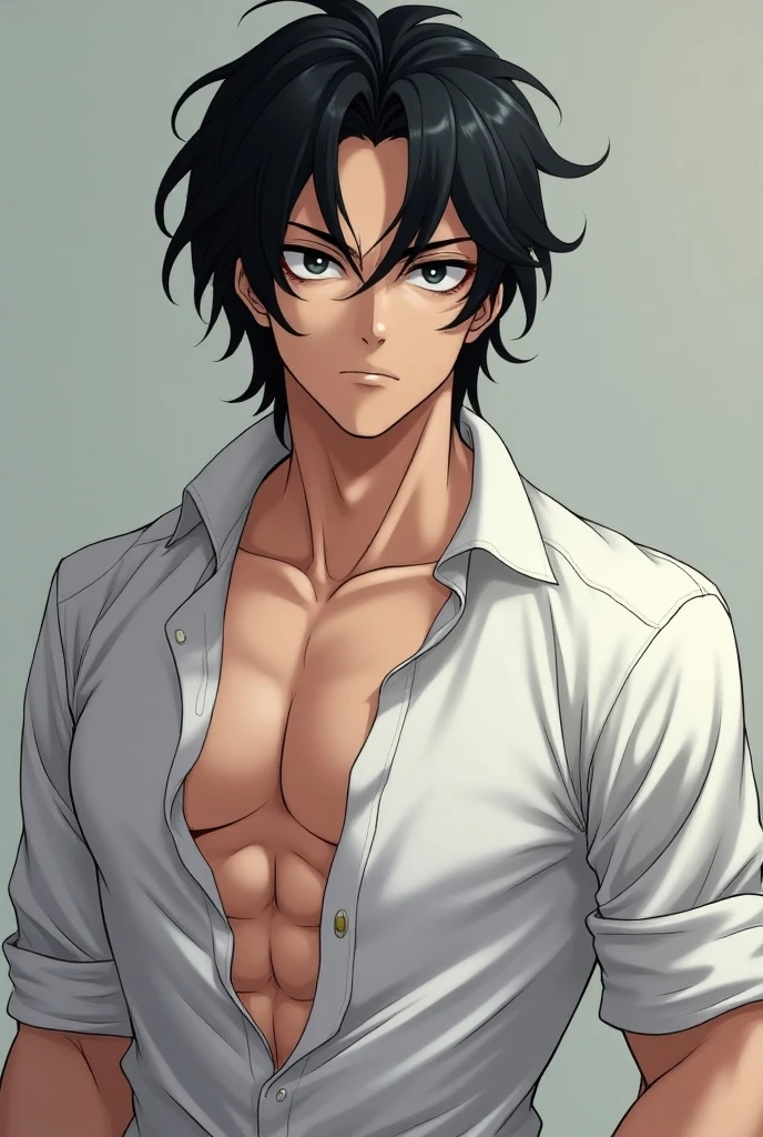 28 year old man, tanned skin, wearing a loose longsleeves, his chest and nipples are bulging, black hair, has a very manly face, freshly shaven face, blue eyes, fierce, half body