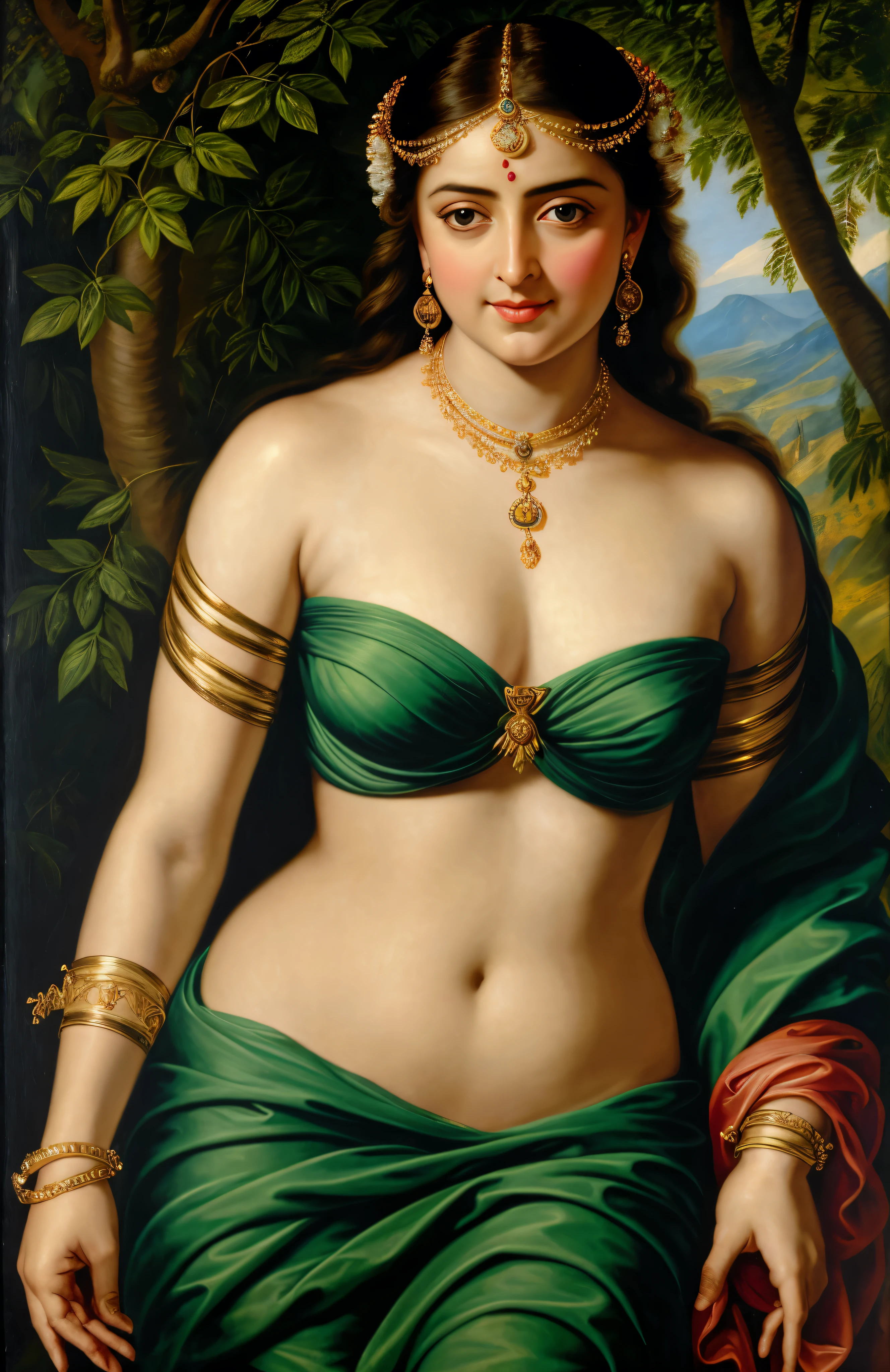 Beautiful Indian Woman, wearing saree, sari Beauty, gorgeous, Apsara, Maharani, royal queen woman, nymph from Hindu Mythology, Urvashi, matchless beauty, Highly detailed, Oil Painting by Peter Paul Rubens inspired by Raja Ravi Varma, Matchless beauty, captivating, gorgeous, heavenly beauty, celestial beauty, by Peter Paul Rubens, 1893, realistic, hyper realistic, micro details, incredible artwork, insane details, ultra High resolution, 8k, 32k,  acrylic on canvas, intricate, flawless, detailed, detailed face, detailed eyes, masterpiece, by Peter Paul Rubens, by Caravaggio, by William Adolphe bouguereau, perfect face, perfect body, beautiful art, realism, baroque, renaissance Art, highly textured, beautiful and detailed eyes, uhd, best quality,