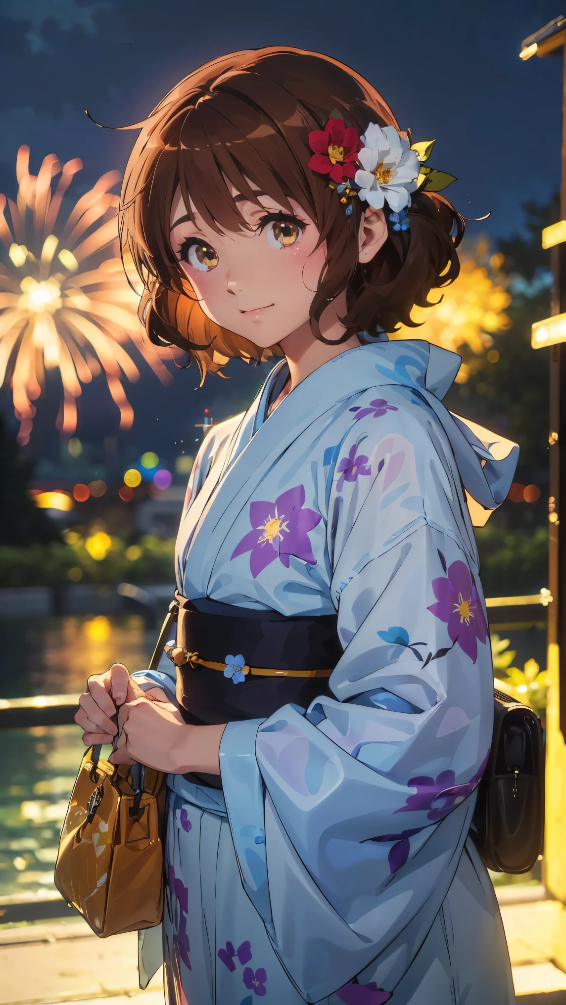 (最High image quality, 8k, High image quality, high detail,masterpiece:1.2)、kumiko oumae,Eye light、 face light 、  sparkling eyes、Alone、1 girl、 viewers、anime、animeカラーリング、(from the front:1.3)、( Perfect Anatomy)、(Looking at the viewer、 focus on the face)、Sparkling Eyes、(from the front:1.3)、( viewers、Blur the background:1.3)、animeカラーリング(Blur the background:1.3)、Before the topic、(( The image placed in the center )),((Glowing Skin,smile))、 (((masterpiece))), ((top-quality)), (( complicated details)),  perfect eyes, Captivating Eyes,(Alone、1 girl)、anime、animeカラーリング、 viewers、Subject in front、Detailed skin、((small Japanese style drawstring bag、simple flower hair ornament)),(The,yuTheta,japanese clothes,Heart, sash, floral print, Heartjime,),（魅力的なsmile)、(Watch the fireworks display,Lots of fireworks,dreamy happy atmosphere dramatic lighting),