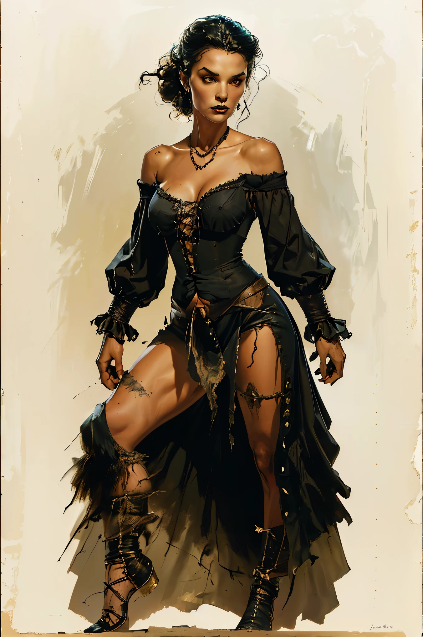 an 80-year old female gaunt vampire from the early 18th century in a black off-the-shoulder ragged dress, full body shot, highly detailed cinematic illustration, black outlining, full color illustration, vivid colors, white background, in the style of Boris Vallejo & Julie Bell