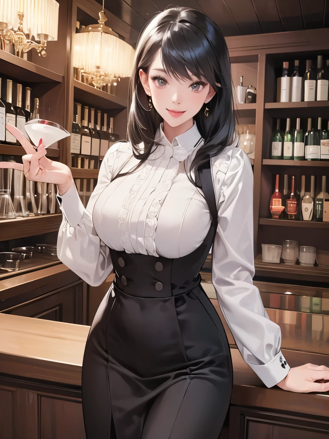 Exquisite, tmasterpiece, Beautifully meticulous, Colorful off-the-shoulder dress，LOP，, meticuloso, detailed lips, Complicated details, Large breasts, 1人の女性,(A beautiful 20 year old cute Korean woman:1.1),(K-pop idol, Korean mixed),(50mm sigma f/1.4 ZEISS lens, f1.4, 1/800s, ISO 100, photography of:1.1), (pony tails+black hair color hair:1.2),(realistically:1.4), (spy :1.2), (Open jacket,The shirt, a skirt, tics, black pantyhoses, Christian Louboutin \(Sponsored Brand\), :1.3),ear nipple ring,choker necklace,armlets,(Liman, ports:1.2), (pretty legs, Tall lady, Skinny, Slim_law, upper legs_the gap, Good role model:1.2), lens flare glow, seen from the front, (Happy smile:1.1), dynamicposes, (cosmetics:1.2), Sit on the bar stool,