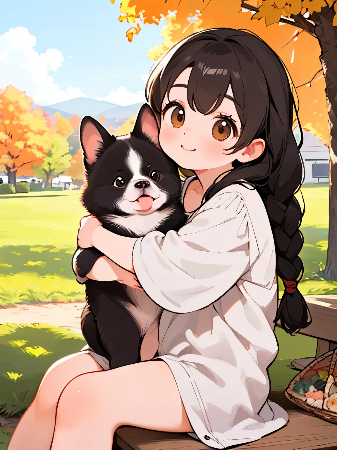 (Best Quality,4K,8k, High Resolution ,masterpiece:1.2),  very detailed, (Deformed, Realistic, Realistic:1.3)，One ，cute ，Very short，Laugh happily,  Brown Eyes , Fluffy, Black hair braids，White Dress，，That dog is bigger than the girl ......，This dog is an Akita....，犬はFluffy，Dog hugging a girl， Akita dogs have white panties stuffed in their mouths:1.8，Autumn rural house and garden background，