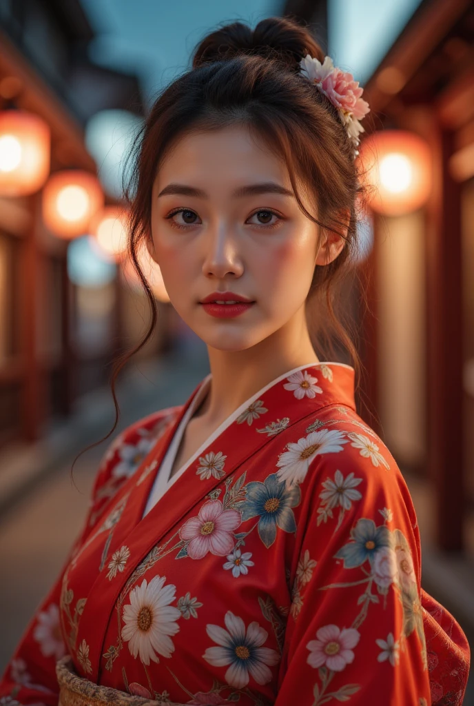 ((high quality、8K、masterpiece:1.3))、Selfie、 Beautiful woman with perfect figure :1.4、(Brown long hair、Normal chest:1.3)、(Japanese floral yukata)、Highly detailed face and skin textures、 Delicate Eyes 、Double eyelids、A smile:1.5、whole body、sacrifice、On the Street、night