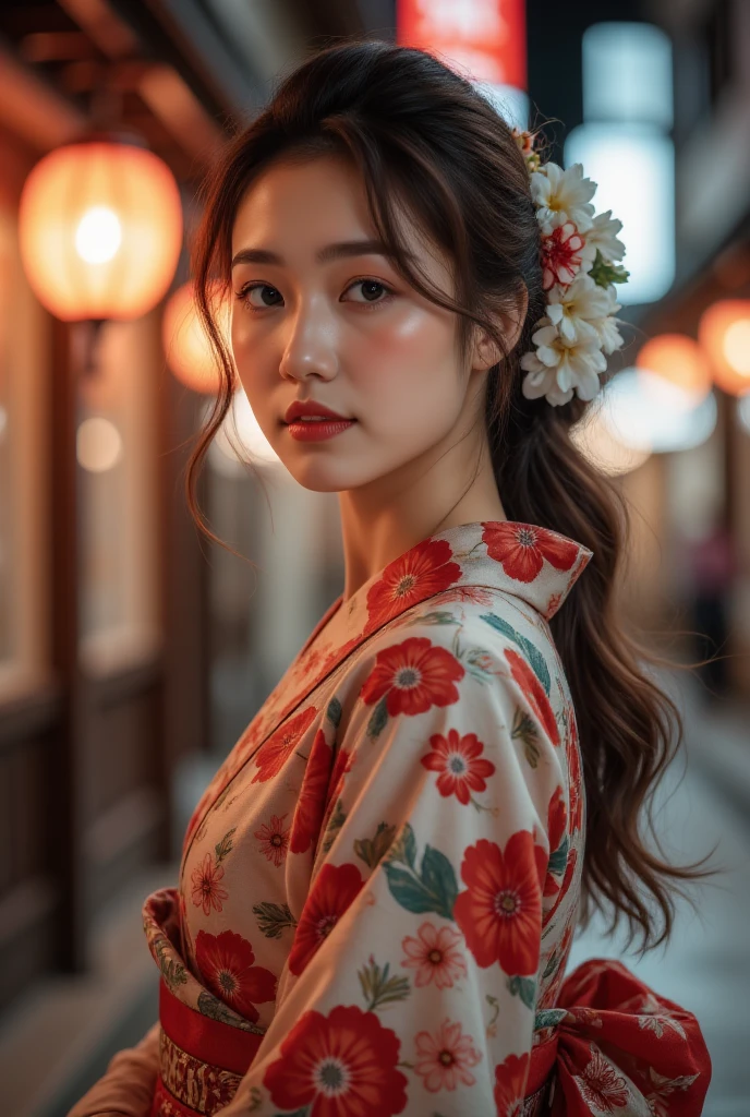 ((high quality、8K、masterpiece:1.3))、Selfie、 Beautiful woman with perfect figure :1.4、(Brown long hair、Normal chest:1.3)、(Japanese floral yukata)、Highly detailed face and skin textures、 Delicate Eyes 、Double eyelids、A smile:1.5、whole body、sacrifice、On the Street、night