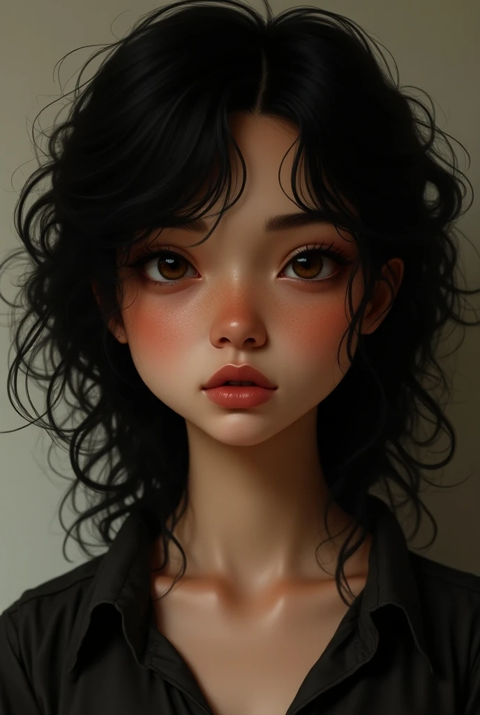 girl with very small eyes, fallen and apart, brown. shoulder length hair, smooth ass, voluminous and quite layered, dark brown in color. medium sized ball shaped nose. short, fleshy mouth. the defined cheekbone, very white skin color. with dark circles. tired looking face