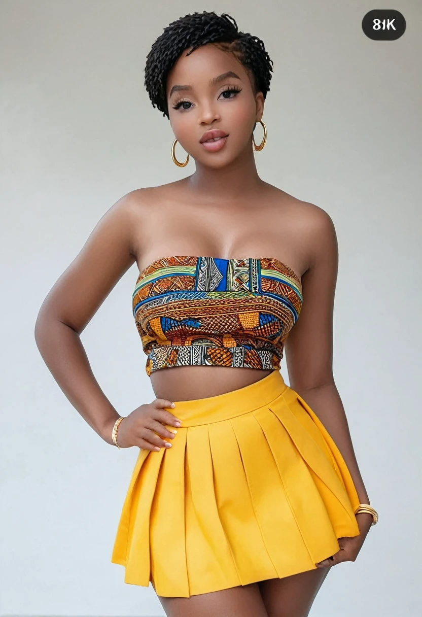 (best high quality:1.5), obra de arte, ((8k)), extremely detailed, (High details:1.4), (Hotlexi woman), Solo, 24 years old African female, ((short straight hair:1.34)), (micro-skirt and crop top strapless), ((perfect round breasts:1.5)), ((random dynamic pose)),