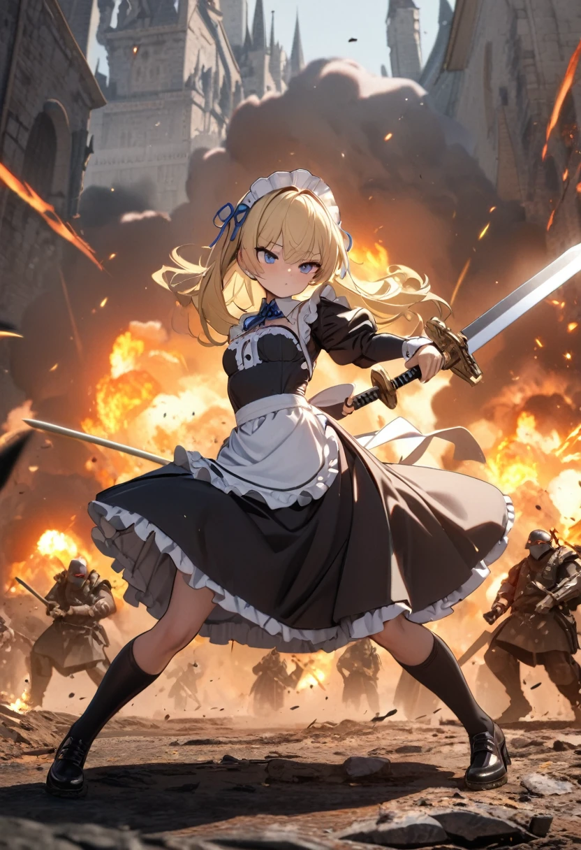 (8k, super high quality, masterpiece:1.2), Ultra-high resolution, One Girl, cute, strong, Blonde, Small breasts,  black dress to hang your body,  White Apron , Blue ribbon, Gold Line, Gold accents, Gothic maid outfit, long, Burning Battlefield, Castle Defense, explosion, Big two-handed sword, (Western-style sword, ), Sword competition, A strong enemy in front of me, Deadly Combat, Cornered, I&#39;m somehow managing to protect it all by myself., be cut by a sword, Torn Apron、Torn clothes、Dirty clothes、Dirty with ash or soot、Dirt all over the body、scratch、Blood、Brandishing a sword with both hands、