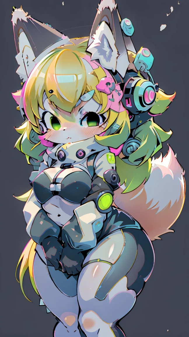 Kawaii, cute fox, (cyberpunk) |  Yellow hair green highlights | blue eyes,  heterochromia | Hairy pink skin  | With a fluffy syrup  | (((white background))) |  Fitness wear   | Funny and embarrassed personality and serious expressions