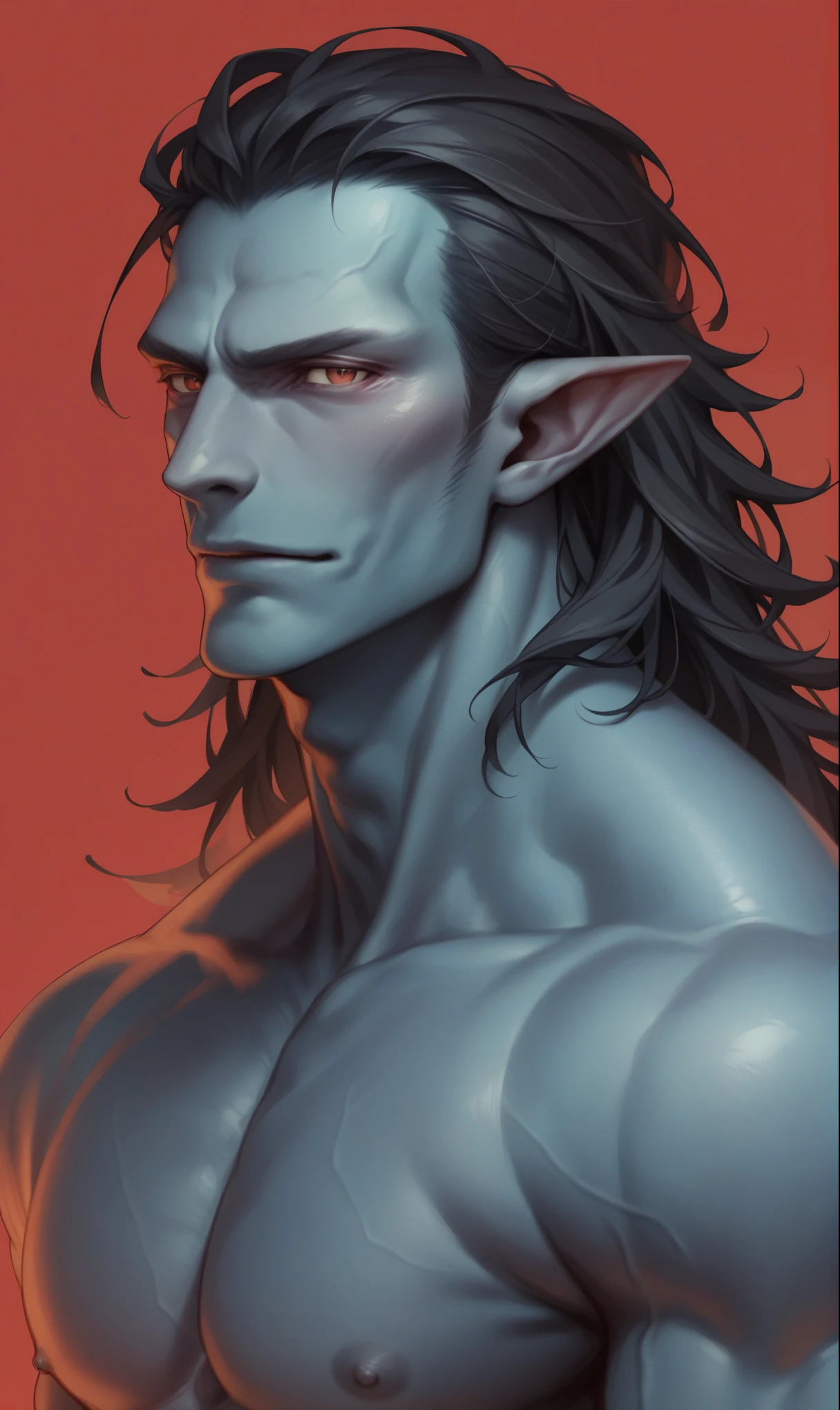 A handsome rakshasa of Indian mythology blue skin pointy ear long black hair shirtless muscular body upper body short wearing red dhoti red background