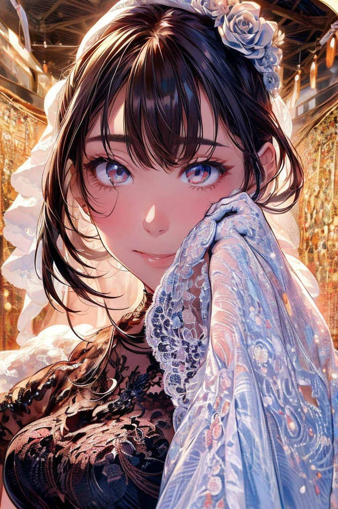 High image quality, masterpiece, 1girl, adult female,Beautiful Face,Kind Face,Large Breasts,( wedding dress),lace trim dress, Delicate Lace , lace veil ,Wavy Hair,Lace neck top,(Lace gloves:1.3),smile, Brown Hair,Healthy Skin,Uesaka Sumire's face,Beautiful Skin, Portrait,Rose Garden