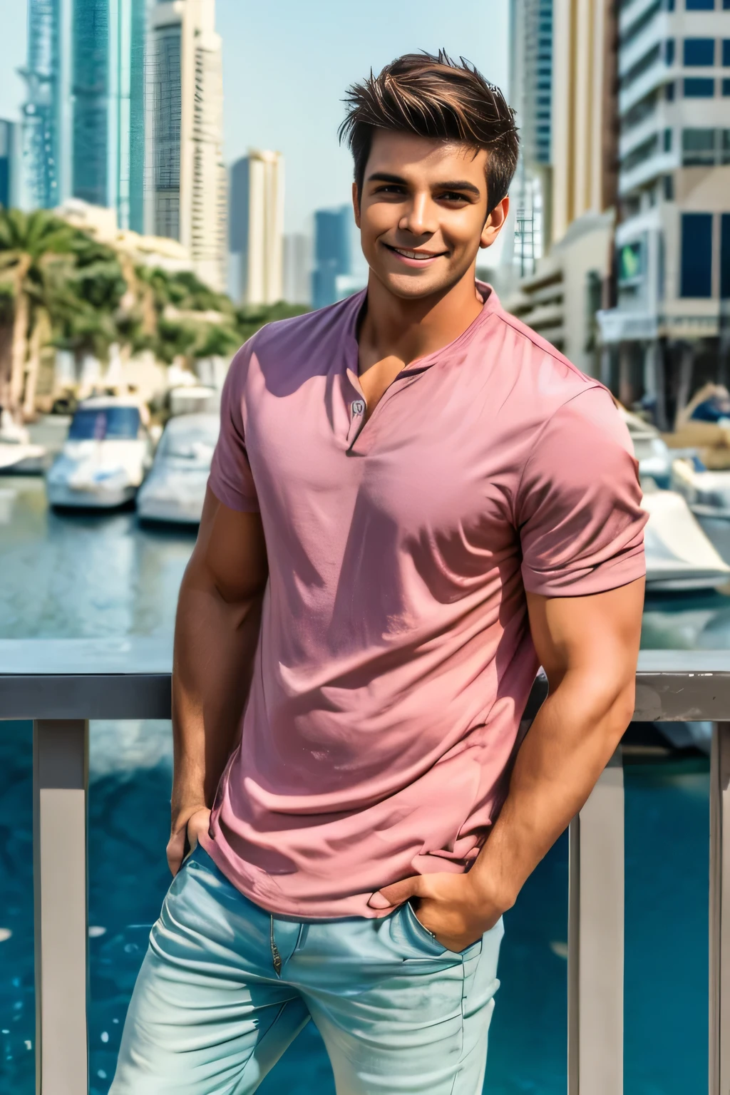 Gravure actor、Chic and casual clothing、Delicate face、good looking、Her hair color is brown.、Brown eyes、Live-action shooting style、High resolution 8k、Bright smile、Like a model、Miami Vice actor、Downtown Dubai、完璧なgood lookingなcool guy、good lookingboy、Perfect boy、