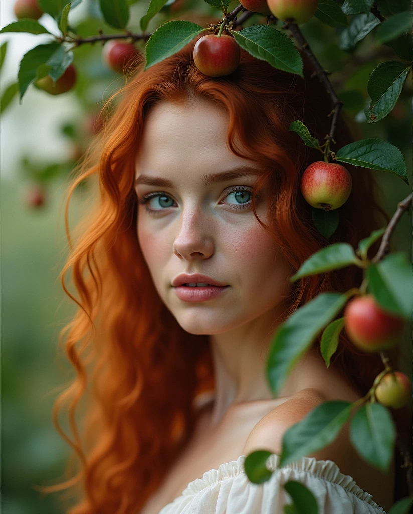 ultra realistic, photography, long red hair, girl, 24 years old, hourglass figure, perfect body, Flirty look, natural breasts, blur background, in paradise, nude but covered with leaves, holding an apple in her hand, near an apple tree, a snake comes out of the tree, full body (full body) (wide angle)
