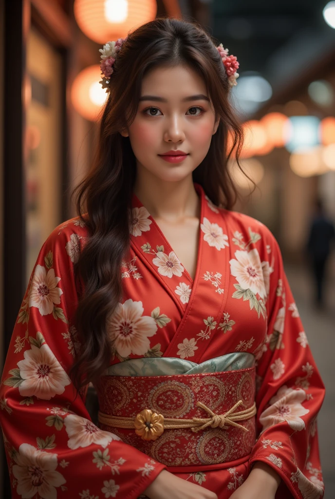 ((high quality、8K、masterpiece:1.3))、Selfie、 Beautiful woman with perfect figure :1.4、(Brown long hair、Normal chest:1.3)、(Japanese floral yukata)、Highly detailed face and skin textures、 Delicate Eyes 、Double eyelids、A smile:1.5、whole body、sacrifice、On the Street、night