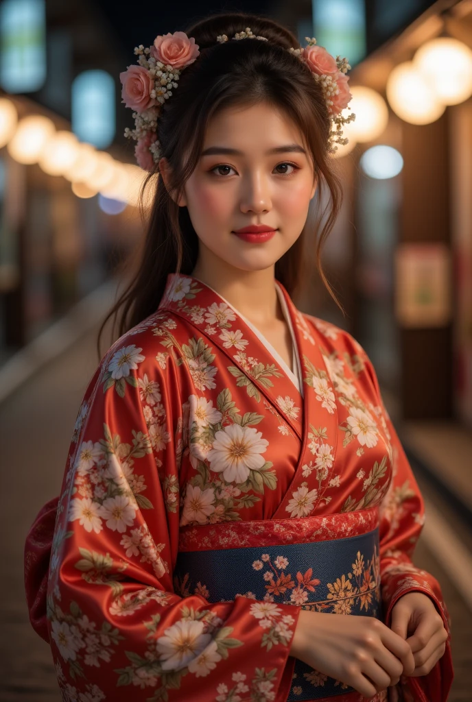 ((high quality、8K、masterpiece:1.3))、Selfie、 Beautiful woman with perfect figure :1.4、(Brown long hair、Normal chest:1.3)、(Japanese floral yukata)、Highly detailed face and skin textures、 Delicate Eyes 、Double eyelids、A smile:1.5、whole body、sacrifice、On the Street、night