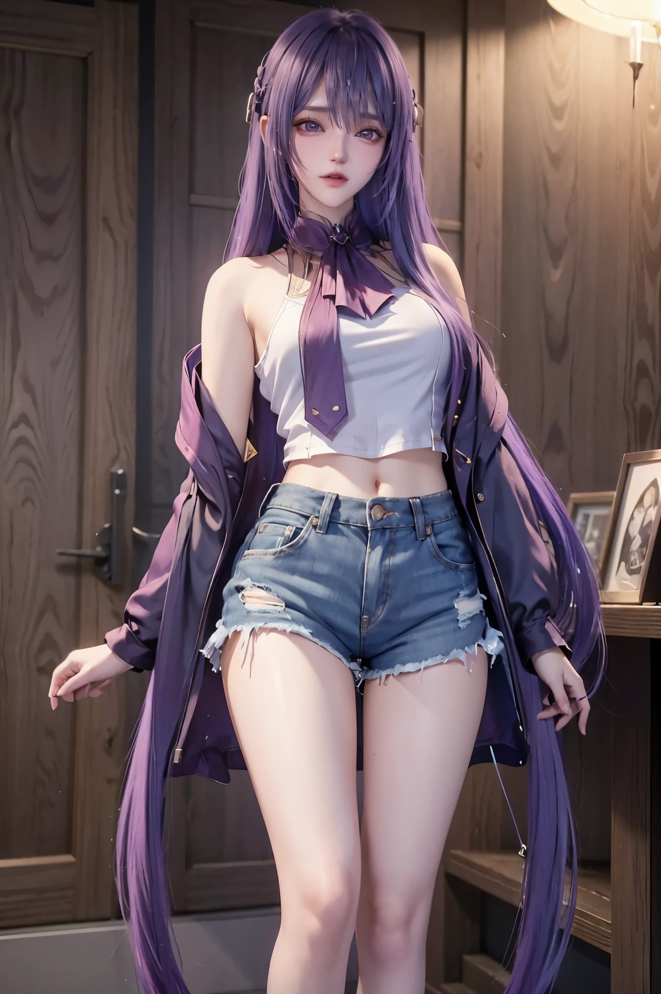 An ultra-detailed and stunningly beautiful CG illustration depicting a sultry loli with sweet purple hair, sharp brown eyes, a ruddy face, standing high in shorts with her belly exposed, her beauty exuding sexiness in every pose with exposed