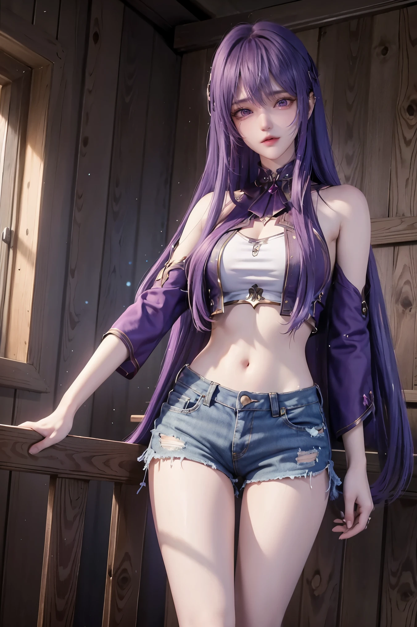 Girl with long purple hair slim, cuteface, little chest, in a skirt with panties and a top, Squatting, spreads the legs