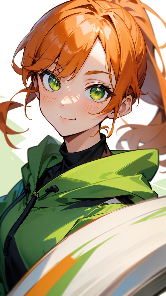 (Best Quality、masterpiece、Every detail)  Anime Girls 、 orange hair、Ponytail、Green Eyes、Upper body close-up、smile、smile、Wear a green hoodie over a white shirt