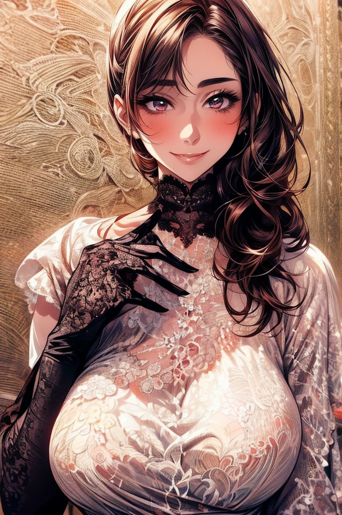 High image quality, masterpiece, 1girl, adult female,Beautiful Face,Kind Face,Large Breasts,( wedding dress),lace trim dress, Delicate Lace , lace veil ,Wavy Hair,Lace neck top,(Lace gloves:1.3),smile, Brown Hair,Healthy Skin,Uesaka Sumire's face,Beautiful Skin, Portrait,Rose Garden