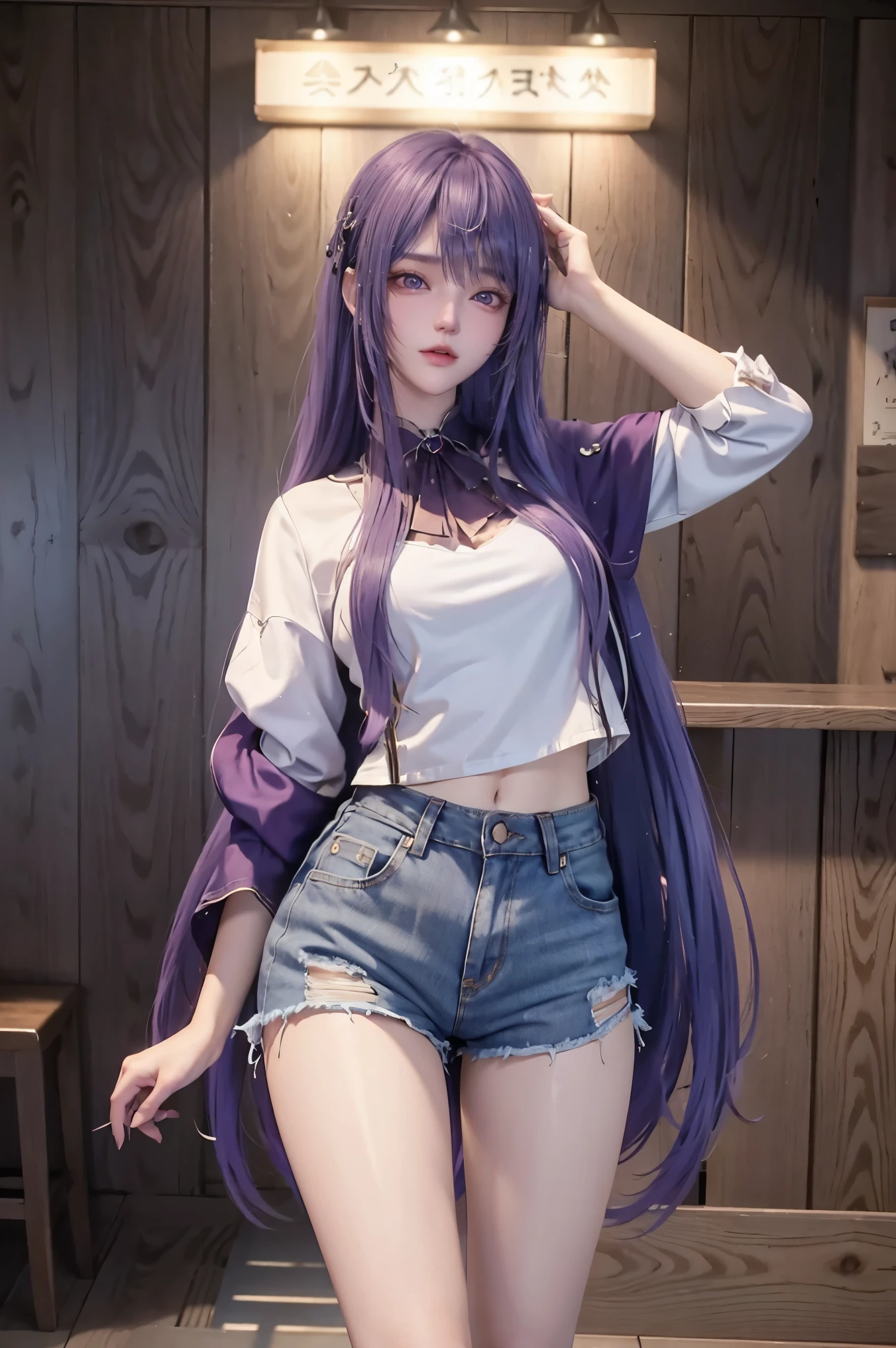 realistic, high resolution, 1 girl, long hair , purple hair, korean,, loose white shirt, skinny denim shorts,, thighs, panties visible,