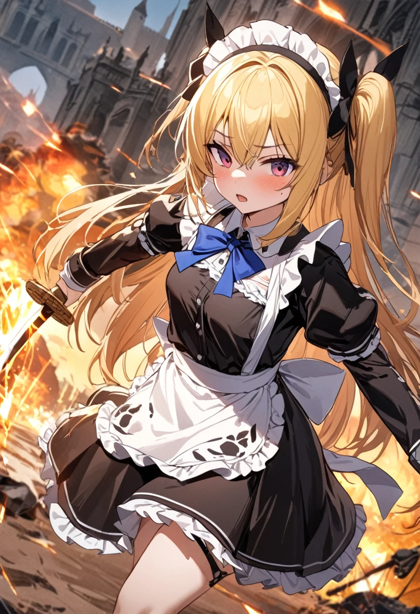 (8k, super high quality, masterpiece, )Ultra-high resolution, One Girl, cute, strong, Blonde, Small breasts,  black dress to hang your body,  White Apron , Blue ribbon, Gold A-line, Gold accents, Gothic maid outfit, long, Burning Battlefield, Castle Defense, explosion, Big two-handed sword, (Western-style sword, ), Sword competition, A strong enemy in front of me, Deadly Combat, Cornered, be cut by a sword, Torn Apron、Torn clothes、Dirty clothes、Dirty with ash or soot、Dirt all over the body、scratch、Blood、Brandishing a sword with both hands、