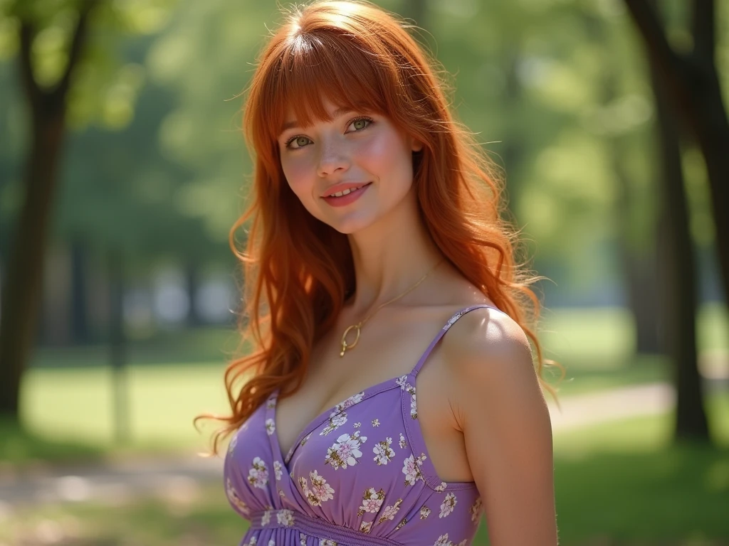 ((Full body portrait)), (19yo woman:1.2), redhead, ginger with bangs and wavy hair, pale blue eyes, smiling, slim, (freckles:1.1), very long wavy hair, sublte blonde highlights, ((wearing a gold necklace)) goddess, wearing a colourful dress, (natural breasts: 1.1), large breasts, covered nipples,(curvy feminine figure), (wide hips), dark eyeliner and eyeshadow, dutch angle, cute, attractive, beautiful, masterpiece, best quality, high quality, professional quality, highly detailed, highres, perfect lighting, natural lighting, ultra-detailed masterpiece,