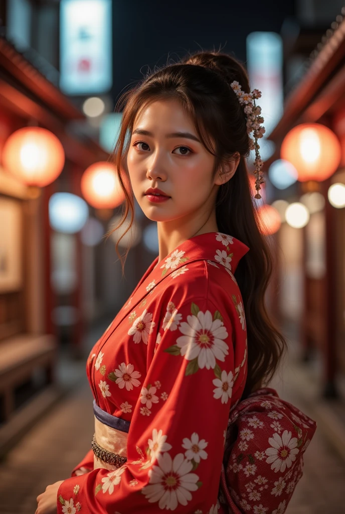 ((high quality、8K、masterpiece:1.3))、Selfie、 Beautiful woman with perfect figure :1.4、(Brown long hair、Normal chest:1.3)、(Japanese floral yukata)、Highly detailed face and skin textures、 Delicate Eyes 、Double eyelids、A smile:1.5、whole body、sacrifice、On the Street、night