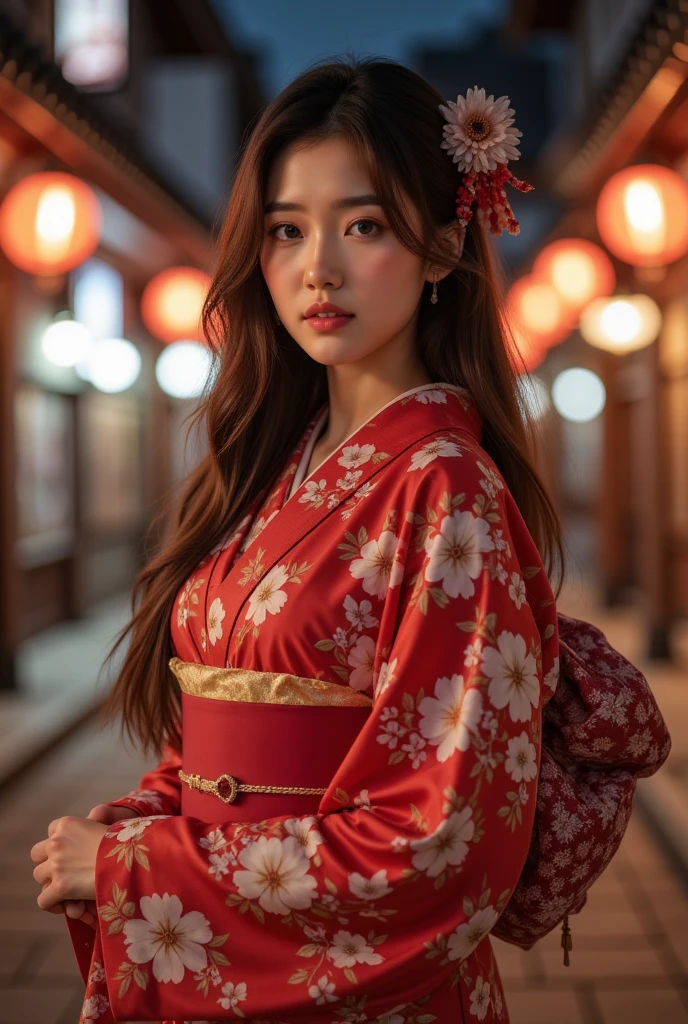 ((high quality、8K、masterpiece:1.3))、Selfie、 Beautiful woman with perfect figure :1.4、(Brown long hair、Normal chest:1.3)、(Japanese floral yukata)、Highly detailed face and skin textures、 Delicate Eyes 、Double eyelids、A smile:1.5、whole body、sacrifice、On the Street、night