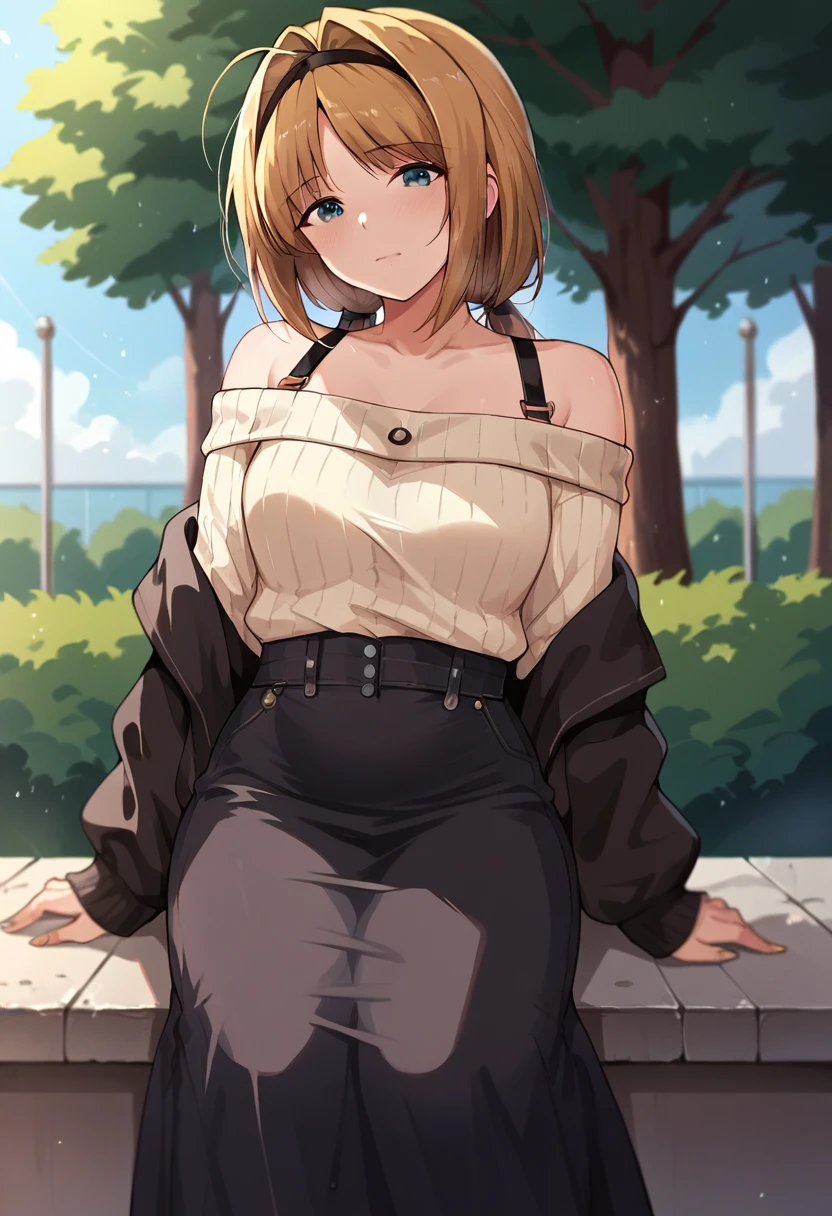 (takamori haruka:1.2), 1 girl, score_9, score_8_up, score_7_up, score_6_up, ((12k,Masterpiece)), Very detailed, clothes reflecting light ,(mature female, small breasts:1.0),Outdoor,Park,(black long skirt,off shoulder sweater ),
