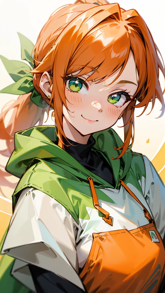 (Best Quality、masterpiece、Every detail)  Anime Girls 、 orange hair、Ponytail、Green Eyes、Upper body close-up、smile、smile、Wear a green hoodie over a white shirt