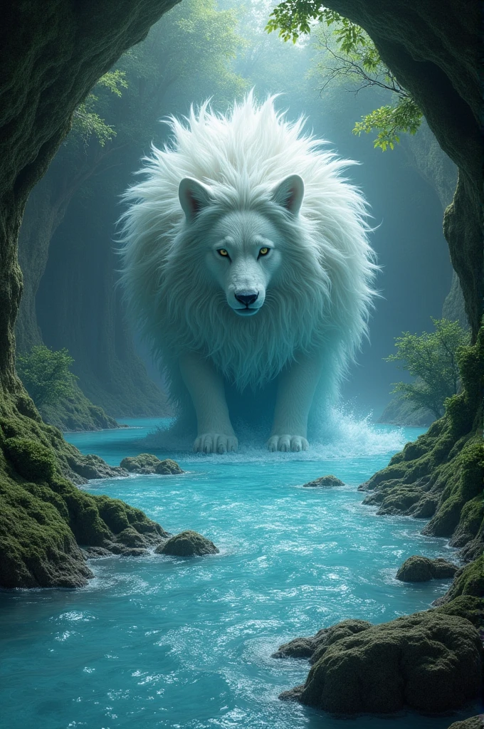 polarbear dragon hybrid. official art is an award-winning digital masterpiece in 4K Ultra HD, featuring extreme detail and intricate realism. It combines the artistry of Wlop and Artgerm in a stunning 2D vector illustration. The background is a tranquil waterfall. bright colorful.