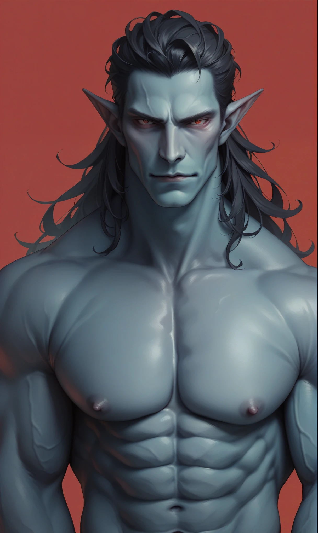 A handsome rakshasa of Indian mythology blue skin pointy ear long black hair shirtless muscular body upper body short wearing red dhoti red background