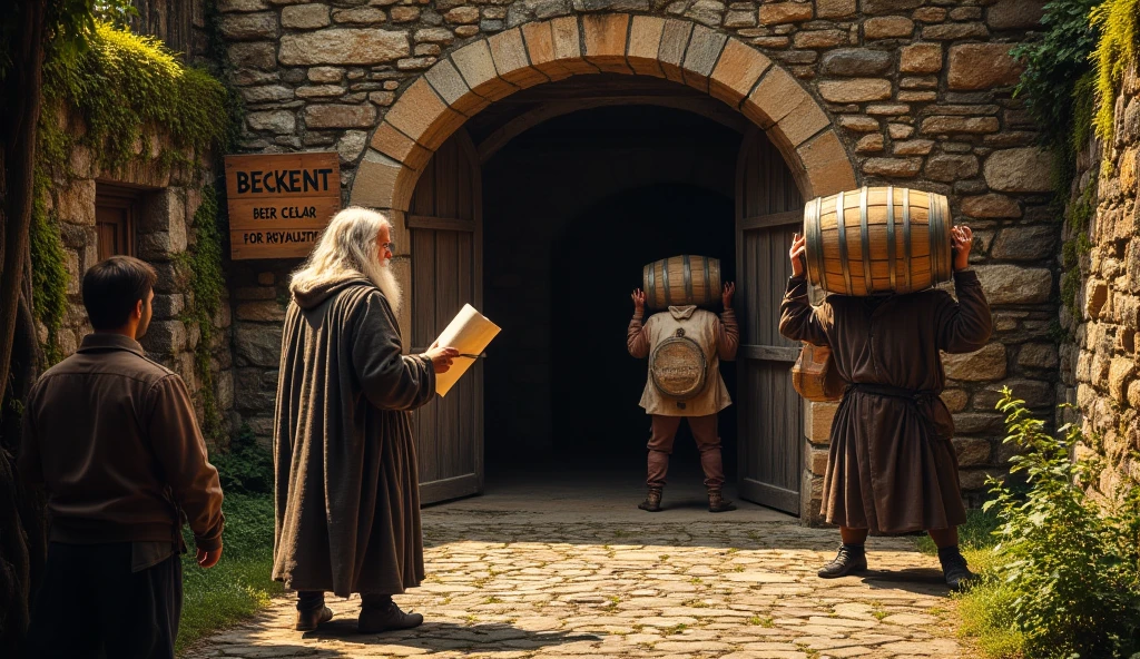 Wide-angle cinematic view of the exterior of the Beckent Beer Cellar, with a stone entrance and a wooden sign reading 'Beckent Beer Cellar for Royalty.' An elderly man with long white hair and a beard, dressed in a medieval hooded cloak, stands near the entrance holding a parchment and quill, inspecting deliveries. Workers in medieval attire carry large barrels of beer on their shoulders, moving in and out of the cellar. The scene is bathed in soft golden light, with moss-covered stone walls and a cobblestone path adding to the historic atmosphere