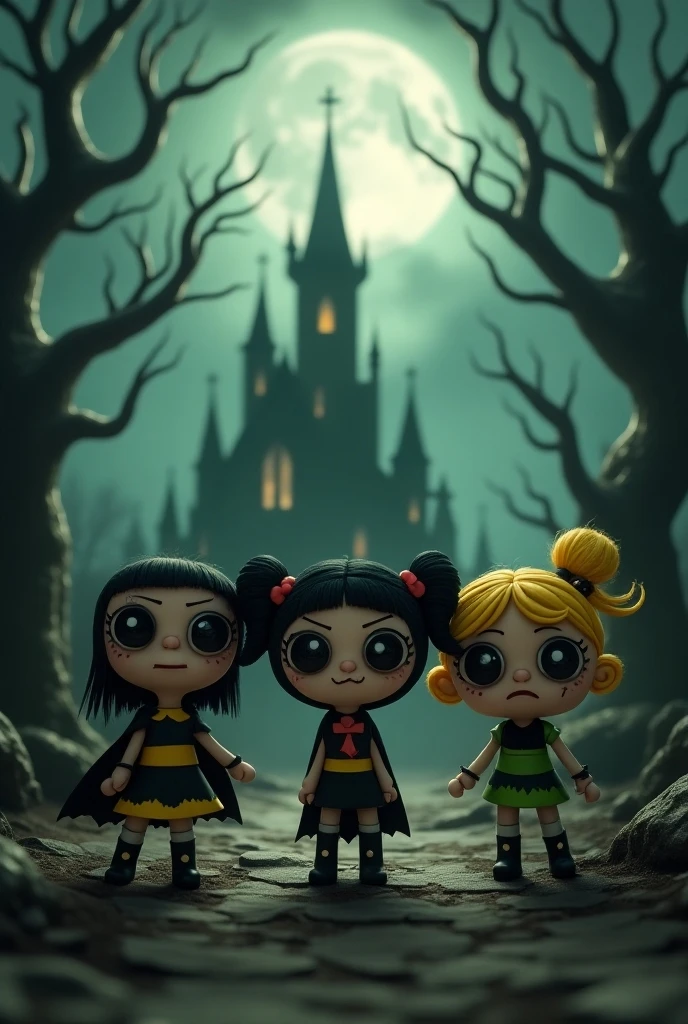 Blossom, Bubbles AND Buttercup of The Powerpuff Girls like The Nightmare Before Christmas style, by Tim Burton, unreal engine 3d, Cryengine 3d
