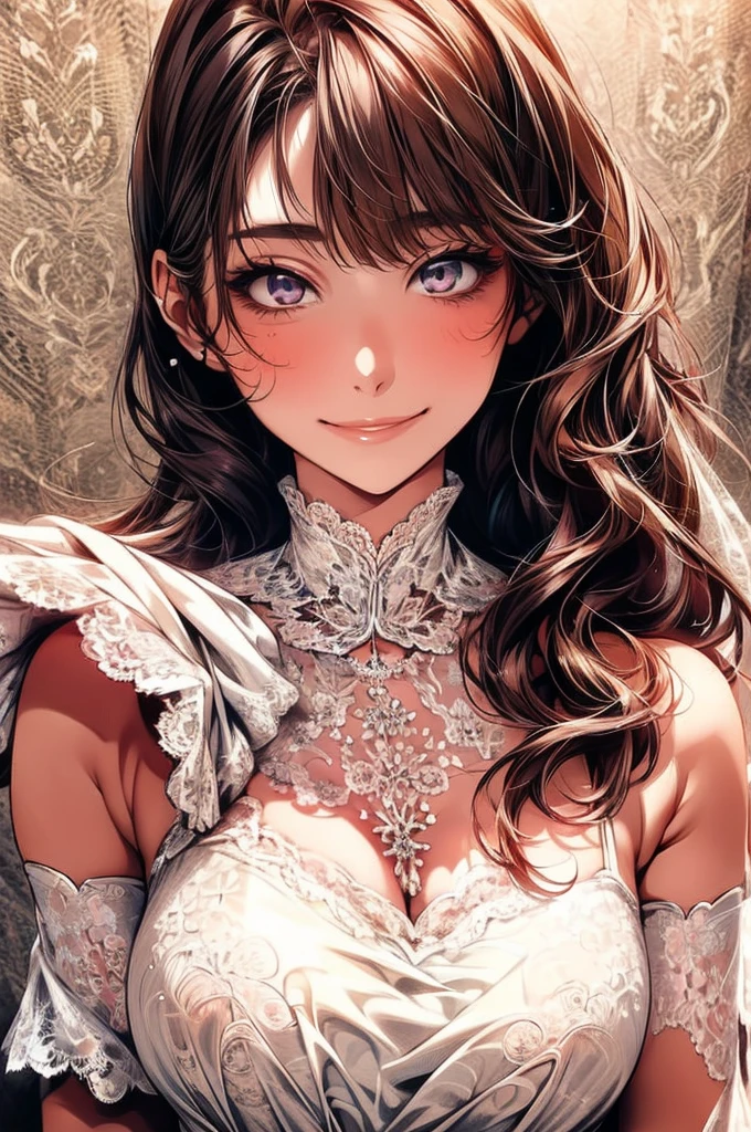 High image quality, masterpiece, 1girl, adult female,Large Breasts,( wedding dress),lace trim dress, Delicate Lace , lace veil ,Wavy Hair,Lace neck top,(Lace gloves:1.3),white race tights,smile, Brown Hair,Healthy Skin,Uesaka Sumire's face,Beautiful Skin, White high heels,Portrait,Rose Garden,The whole body is in the camera