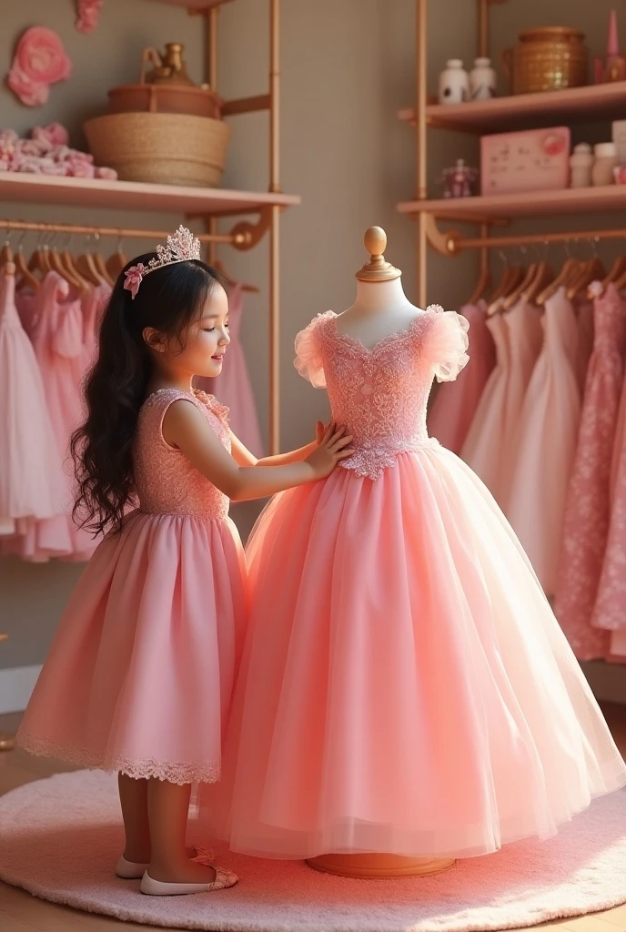 real pinay 2 girls 8 short hair with gown princess pink with shoes pink standing background flowers princess pink with flowers walll character princess