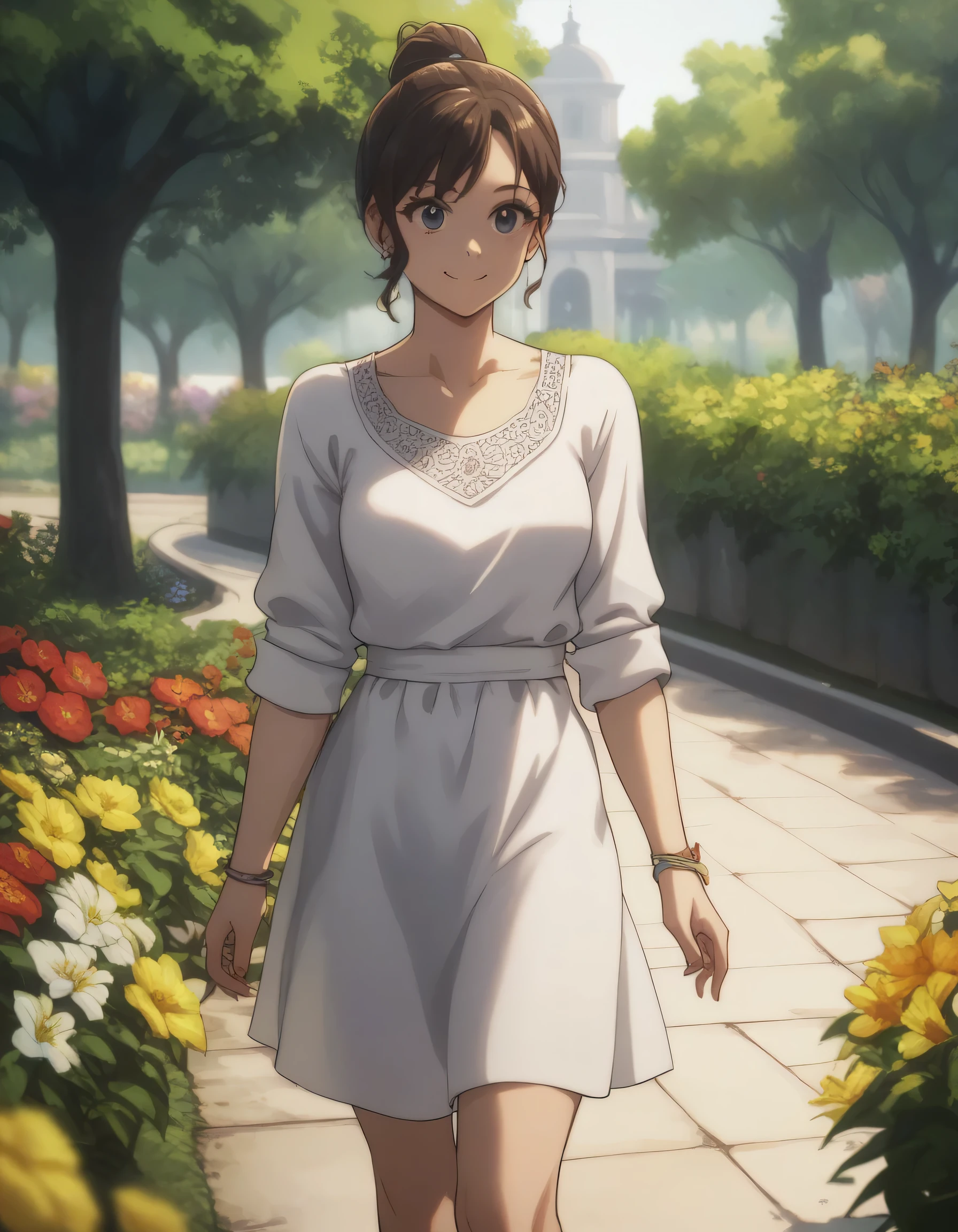 score_9, score_8_up, score_7_up, gsfghtr, casual dress, 1girl, smile, flower park