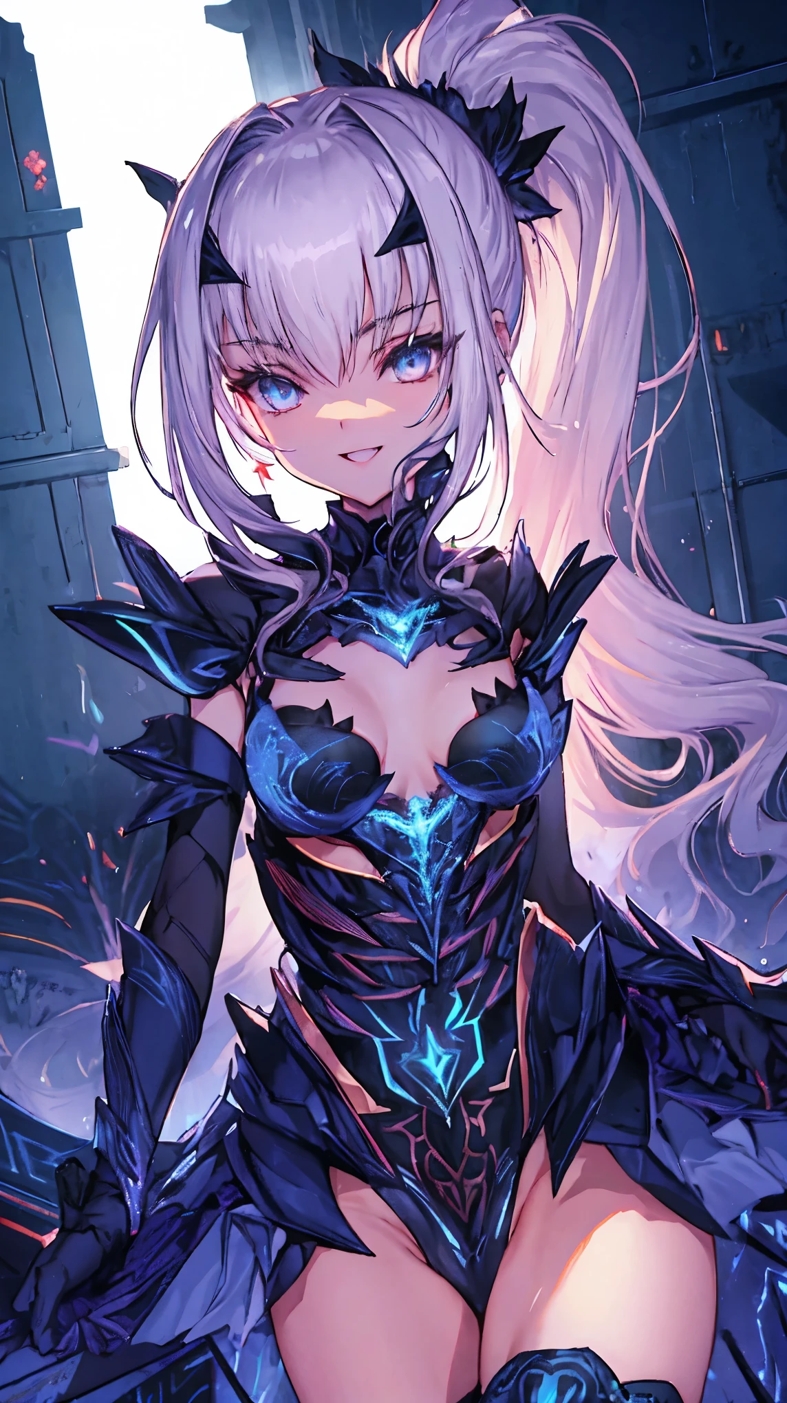 NSFW,highest quality,High resolution, Super detailed,game CG,dutch angle,detailed and beautiful eyes,beautiful girl,chest focus,(enchanting smile), (spread your legs), (raise your legs), armor, Armored dress, Black dress, Black gloves, Blue Armor, Blue dress, breastplate, dress, gloves, mask, pauldron, Short dress, shoulder armor,,ponytail,nihil_smile,light_open_mouth,