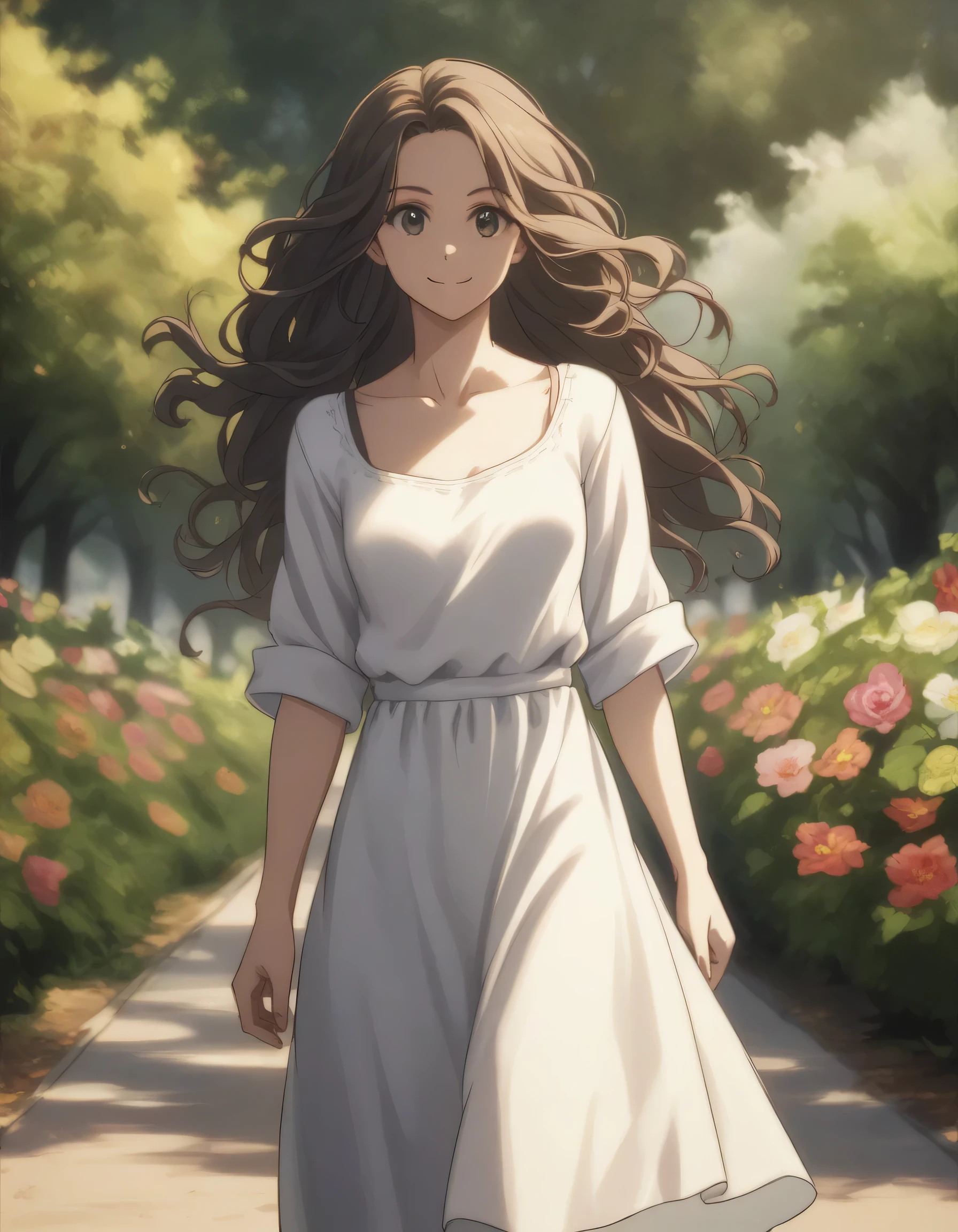 score_9, score_8_up, score_7_up, gsfghtr, casual dress, 1girl, smile, flower park, loose hair