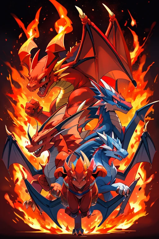 there is a cartoon of a dragon with a red and blue tail, similar to pokemon, new pokemon, dra the dragon, a red dragon, illustration pokemon, fire type, charizard, guggimon, roshan, style of pokemon, official art, legendary dragon, but as an anthropomorphic dragon, red dragon, charizard dog hybrid animal