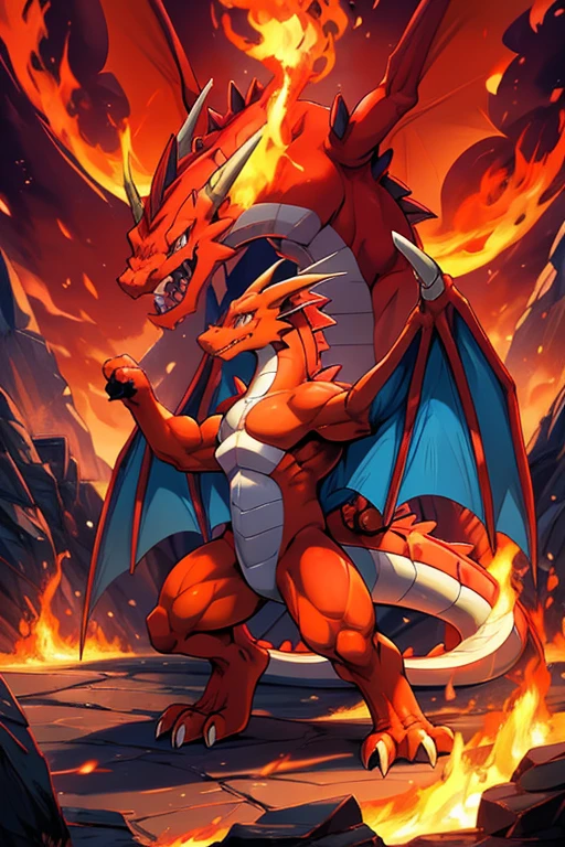 there is a cartoon of a dragon with a red and blue tail, similar to pokemon, new pokemon, dra the dragon, a red dragon, illustration pokemon, fire type, charizard, guggimon, roshan, style of pokemon, official art, legendary dragon, but as an anthropomorphic dragon, red dragon, charizard dog hybrid animal