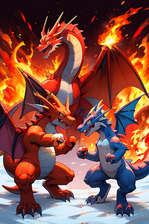 there is a cartoon of a dragon with a red and blue tail, similar to pokemon, new pokemon, dra the dragon, a red dragon, illustration pokemon, fire type, charizard, guggimon, roshan, style of pokemon, official art, legendary dragon, but as an anthropomorphic dragon, red dragon, charizard dog hybrid animal