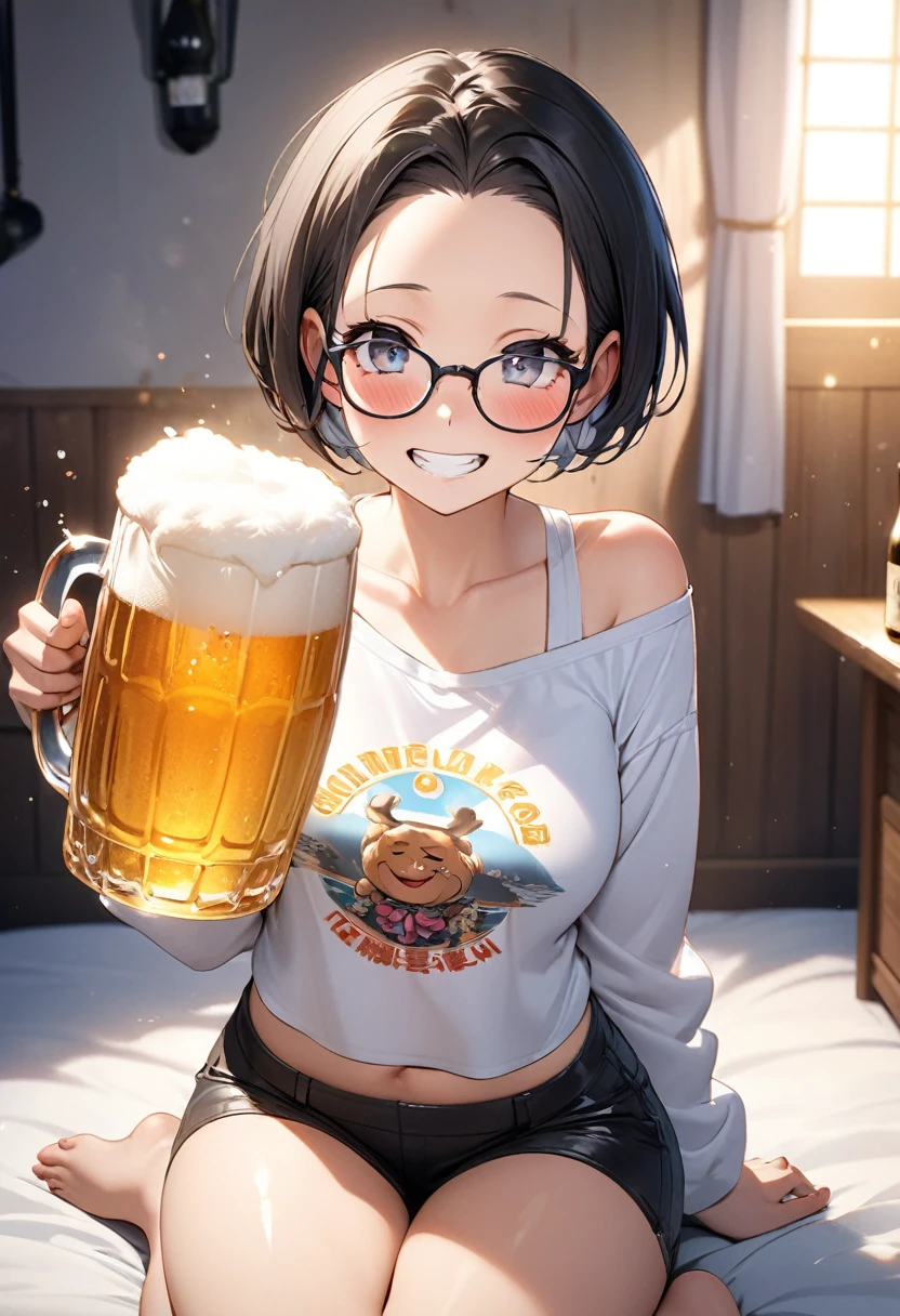 1girl, pov, 1boy, , paizuri , , penis, penis between the breasts, breasts squeeze together, , , , comedy, , naughty face, room, glasses,wet penis, string outfit, areola slip, beers, beer can, stepsister, comedy, drinking beer, , pubic hair, sexy, nipples slip , pouring a beer on her breasts