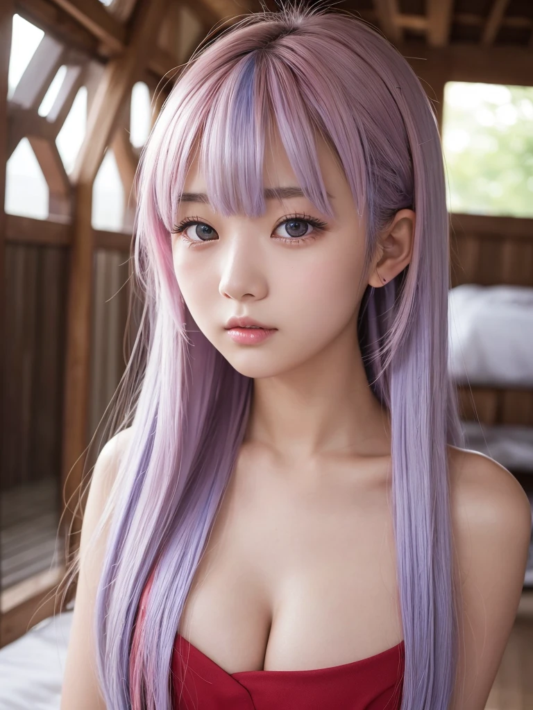 (10 years old) ,girl、(Bunny ears headband)。(Random Nudes)，Exhibitionism，((Random exposure of genitals))。　Beautiful areola。Small breasts. Thin Hair。(On top of a snowy mountain). Detailed and complex background。((Bright light purple hair))。(Round face). ((Long Straight Hair)). Cute smile. Idol&#39;s face. Smooth Hair. Thin Hair. White skin. Cute pose with legs apart. 