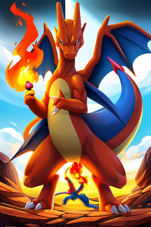 there is a cartoon of a dragon with a red and blue tail, similar to pokemon, new pokemon, dra the dragon, a red dragon, illustration pokemon, fire type, charizard, guggimon, roshan, style of pokemon, official art, legendary dragon, but as an anthropomorphic dragon, red dragon, charizard dog hybrid animal