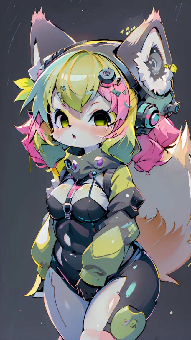 Kawaii, cute fox, (cyberpunk) |  Yellow hair green highlights | blue eyes,  heterochromia | Hairy pink skin  | With a fluffy syrup  | (((white background))) |  Fitness wear   | Funny and embarrassed personality speaking