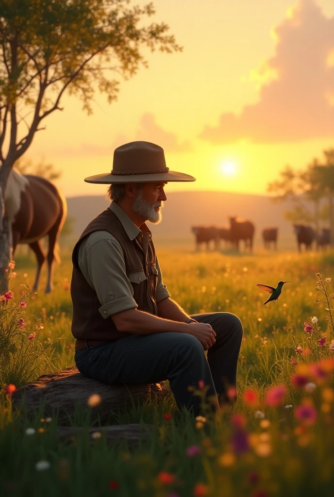 A man sitting ranger with a hat on a meadow at sunset near a horse and with cattle in the distance, and a hummingbird in a flower